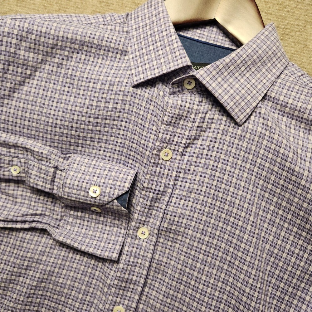 Bugatchi Button Down Shirt Mens L Purple White Plaid Shaped Fit Long Sleeve